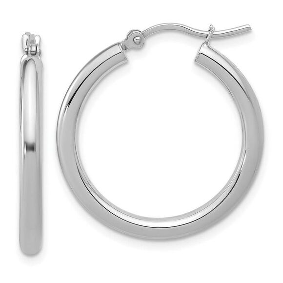 3mm Round Hoop Earrings in 10k White Gold, 26mm (1 Inch) - Picture 1 of 6